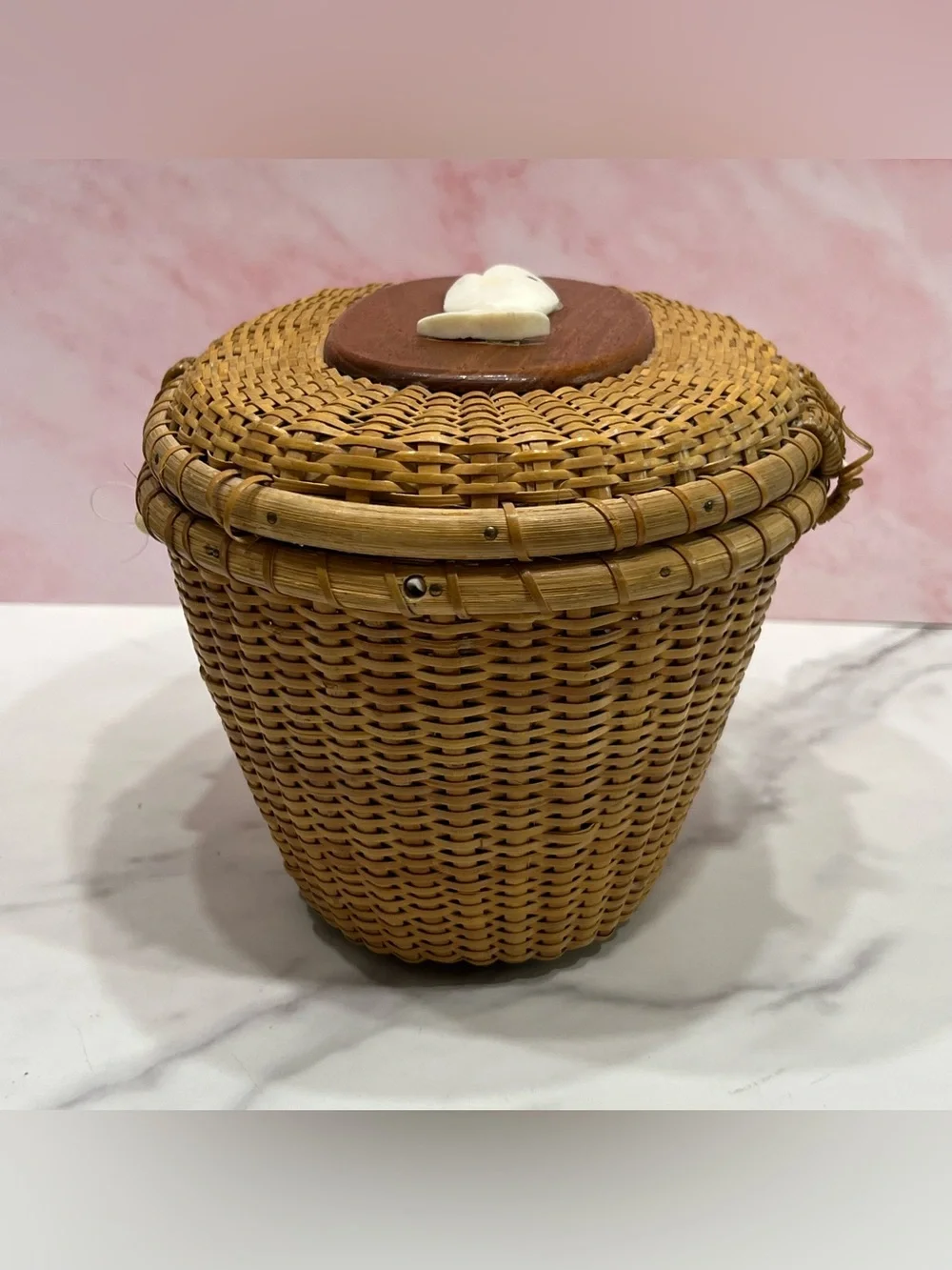 Vintage Nantucket Lightship Friendship Basket Purse Carved Whale Nautical
